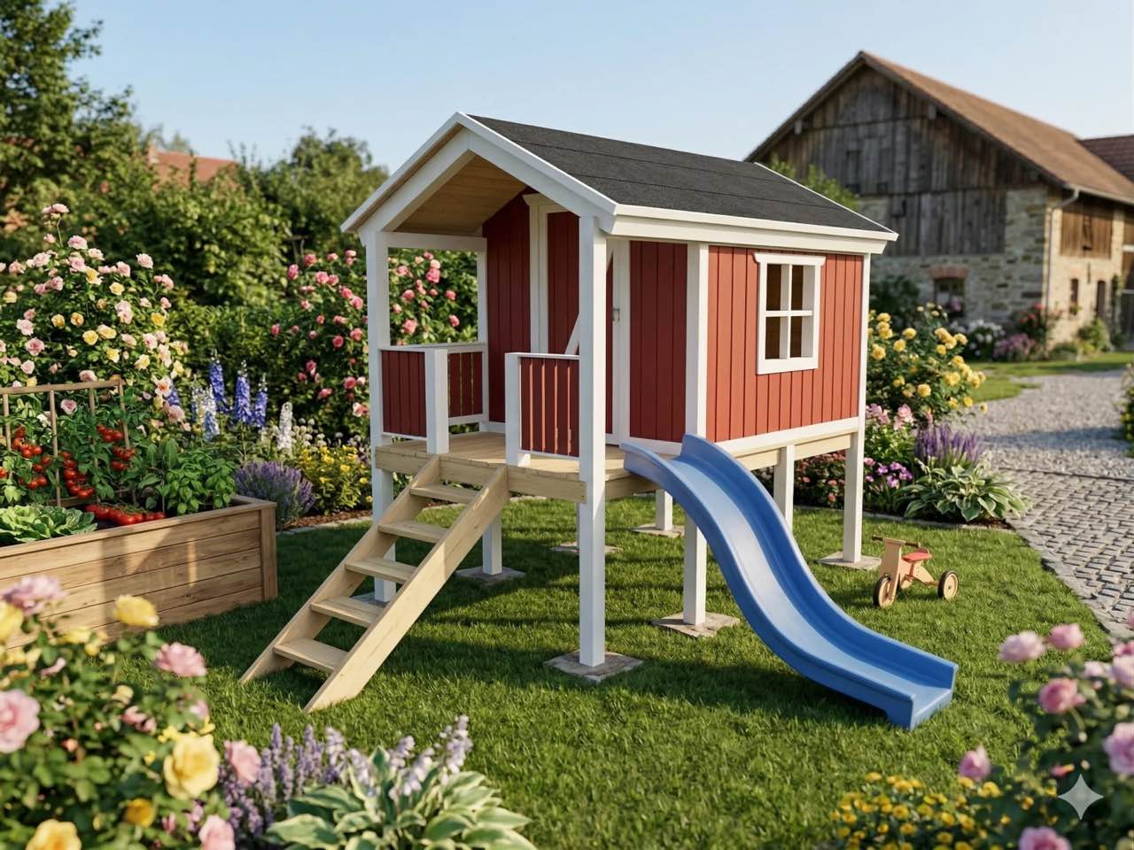 Fertiges rotes Spielhaus aus Holz mit Rutsche im Garten